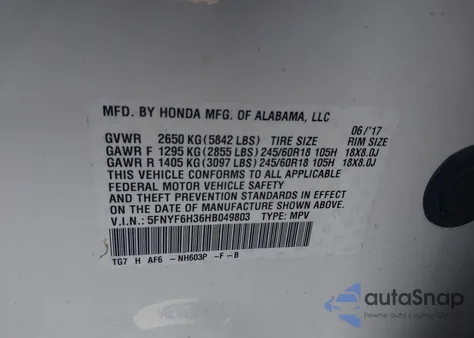 2017 Honda Pilot Ex из США, поврежденный, VIN 5FNYF6H36HB049803